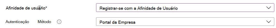 No centro de administração do Intune e no Microsoft Intune, inscreva dispositivos iOS/iPadOS com a inscrição automatizada de dispositivos (ADE). Selecione Inscrever com afinidade de utilizador e utilize a aplicação Portal da Empresa para autenticação.