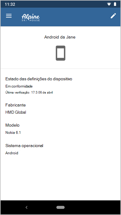 Screenshot da Microsoft Intune app, mostrando detalhes do dispositivo para o Android de Jane.