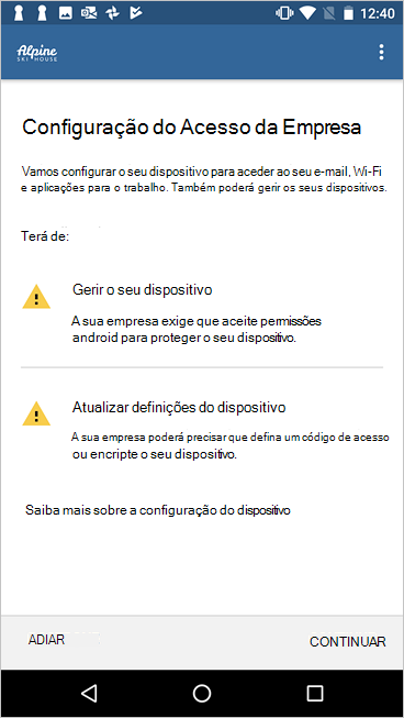 Imagem de exemplo da anterior configuração de administração de dispositivos Android em Portal da Empresa, mostrando uma lista de verificação mais movimentada.