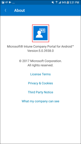 Screenshot mostra Portal da Empresa app para Android, Sobre o ecrã.