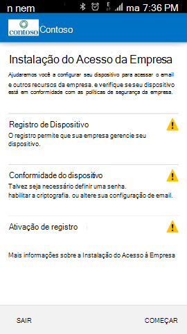 O Screenshot mostra Portal da Empresa aplicação para Android antes da atualização, ecrã de ativação de email do Acesso Condicional.