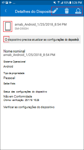 O Screenshot mostra Portal da Empresa aplicação para Android, Detalhes do Dispositivo com opção de atualização.