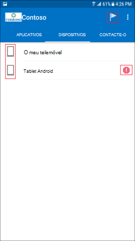 A screenshot mostra Portal da Empresa aplicação para Android, ecrã DEVICES.