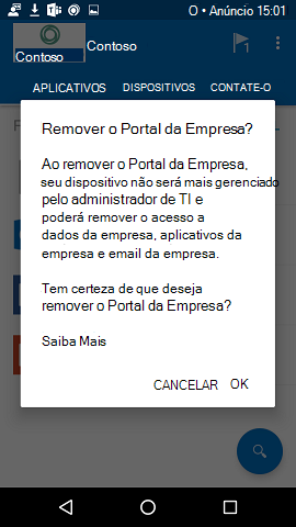 Uma imagem da caixa de diálogo de confirmação, que está disponível depois de selecionar a nova opção “Remover Portal da Empresa” no menu de ação. A caixa de diálogo informa o utilizador de que “ao remover o portal da empresa, o dispositivo já não será gerido pelo administrador de TI e que poderá remover o acesso aos dados da empresa, às aplicações da empresa e ao e-mail da empresa”. Em seguida, pede ao utilizador para confirmar se quer remover a aplicação Portal da Empresa ao selecionar “Sim”.