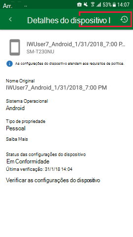 O Screenshot mostra Portal da Empresa aplicação para Android, Detalhes do Dispositivo com opção de atualização, atualizado.