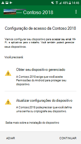 O Screenshot mostra Portal da Empresa aplicação para Android, ecrã de configuração do acesso, atualizado.