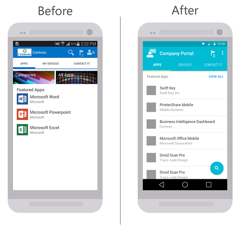 À esquerda, uma imagem da aplicação Portal da Empresa para Android antes da atualização. À direita, uma imagem da aplicação Portal da Empresa para Android depois da atualização. Ambas as imagens mostram o separador Aplicações como o separador selecionado dos três separadores disponíveis (Aplicações, Dispositivos e Contactar TI).