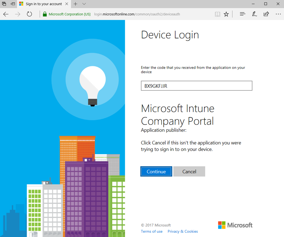 O utilizador introduziu o seu código exclusivo no campo e o site “Início de sessão do dispositivo” pediu a confirmação de que o Portal da Empresa do Intune foi a aplicação correta para receber a autorização para iniciar sessão.