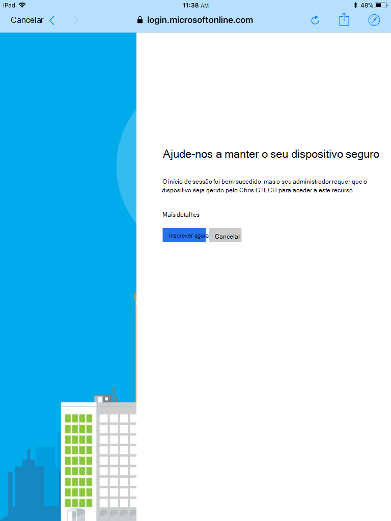 A Microsoft pede ao utilizador que inscreva o dispositivo para gestão.