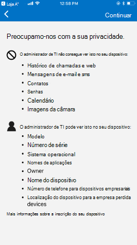 O Screenshot mostra Portal da Empresa app para i S/ i Pad O S antes da atualização, informações de privacidade.