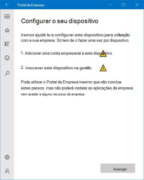 Uma imagem da página de configuração da aplicação Portal da Empresa no Windows 10, que apresenta um aviso a indicar que o utilizador precisa de adicionar uma conta empresarial a este dispositivo para poder inscrevê-lo para gestão.