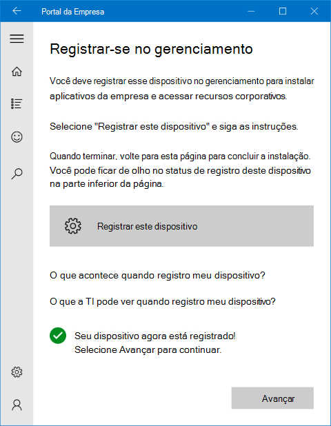 Uma imagem do ecrã de inscrição para gestão da aplicação Portal da Empresa no Windows 10, a mostrar uma mensagem com o estado concluído, a indicar que o dispositivo do utilizador já está inscrito e que deve tocar no botão "seguinte" para continuar.