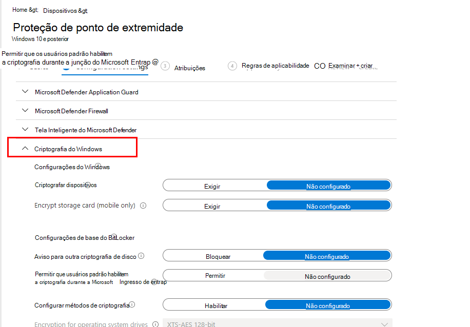 Selecione Windows configurações de encriptação