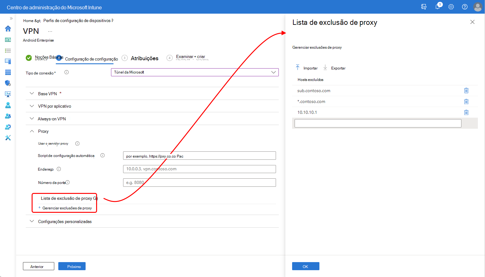 Captura de ecrã do painel de lista de exclusão de proxy no centro de administração do Intune.