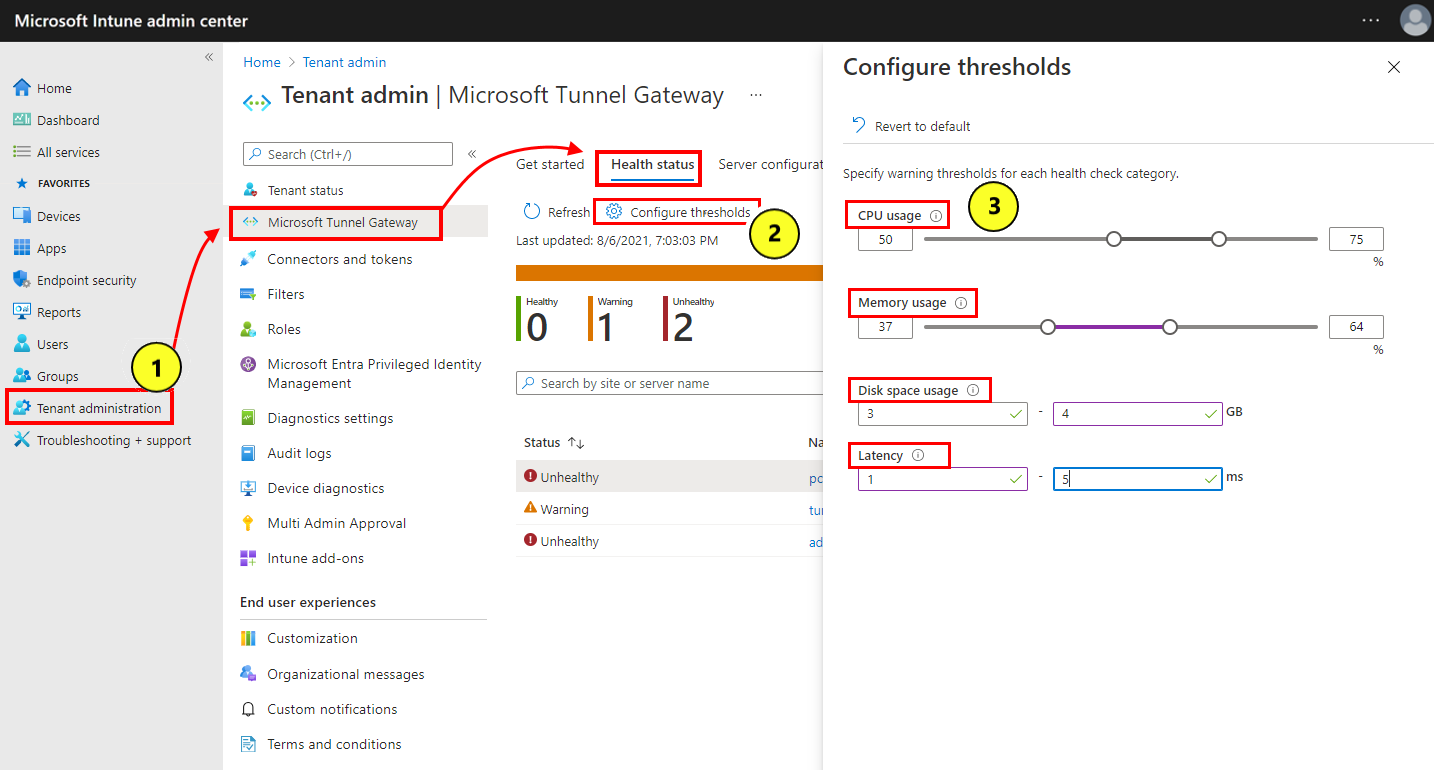 Captura de ecrã de como selecionar e configurar limiares de estado de funcionamento.