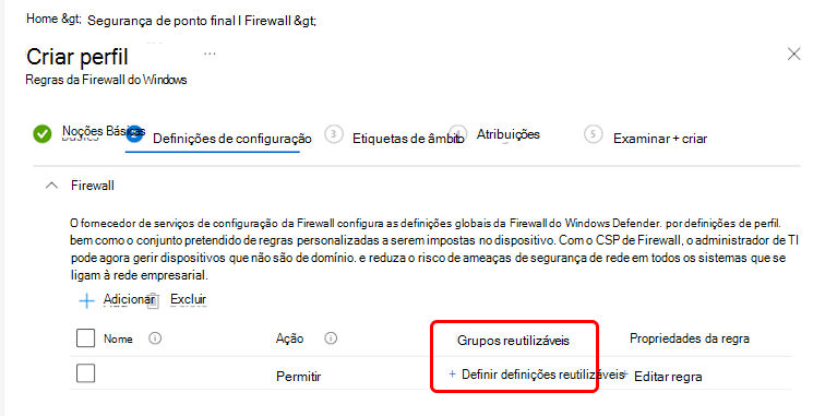 Captura de ecrã do fluxo de trabalho Definições de configuração para configurar um grupo reutilizável.