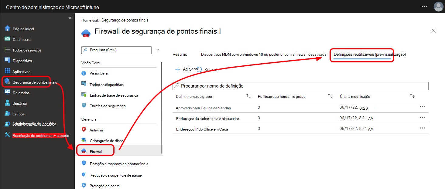 Captura de ecrã que mostra o separador Definições reutilizáveis para Políticas de firewall no centro de administração do Microsoft Intune.