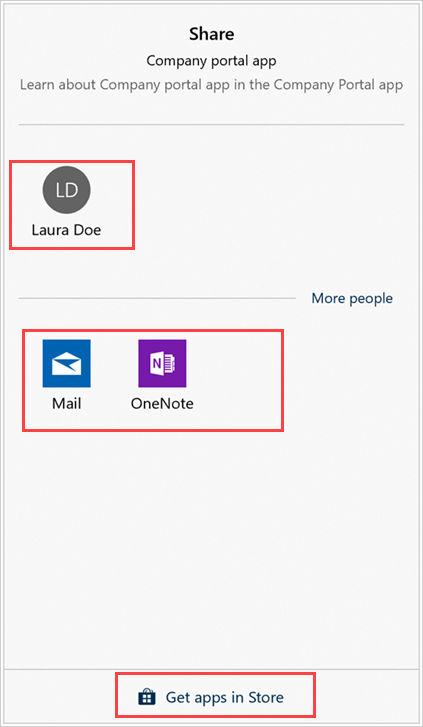 Captura de ecrã de exemplo da aplicação Portal da Empresa para Windows 10, página de pop-up Share (Partilhar). A página indica "Learn about  in the Company Portal app" (Saiba mais sobre <nome da aplicação de exemplo> na aplicação Portal da Empresa). Mostra um contacto e duas aplicações à sua escolha para enviar a ligação e uma ligação "Get apps in Store" (Obter aplicações na Microsoft Store). 