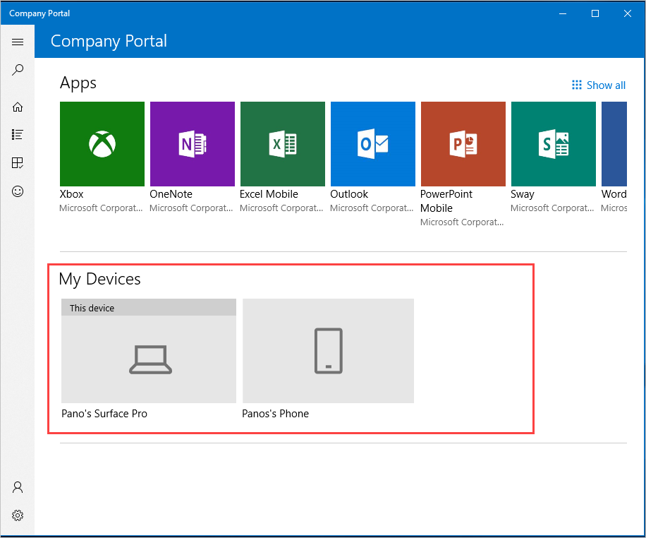 Captura de ecrã de exemplo da aplicação Portal da Empresa para Windows, home page, com destaque da secção My Devices (Os Meus Dispositivos).