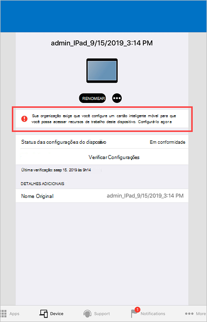Captura de ecrã de exemplo da notificação push do Portal da Empresa no ecrã principal do dispositivo.