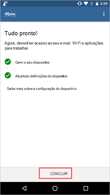 Imagem de exemplo de Portal da Empresa, ecrã de configuração do acesso da empresa, mostrando a configuração completa e o botão de realce feito.