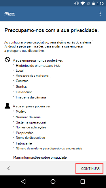 Exemplo imagem de Portal da Empresa, preocupamo-nos com o seu ecrã de privacidade, destacando o botão Continuar.