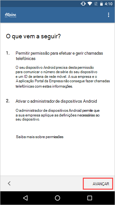 Imagem de exemplo de Portal da Empresa, O que é o próximo ecrã, realçando o botão Seguinte.