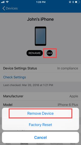 Captura do ecrã Dispositivos da aplicação Portal da Empresa, a mostrar opções após o utilizador clicar em Remover. Mostra o botão "Remover Dispositivos", o botão "Reposição de Dados de Fábrica" e o botão "Cancelar".
