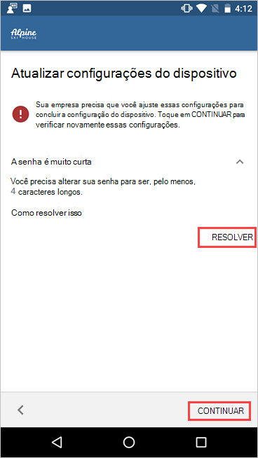 Imagem de exemplo de Portal da Empresa, atualizar o ecrã de definições do dispositivo, realçar os botões Resolve e Continue.