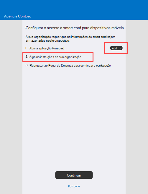 Captura de ecrã de exemplo do ecrã Configurar o acesso a smart card móvel no Portal da Empresa.