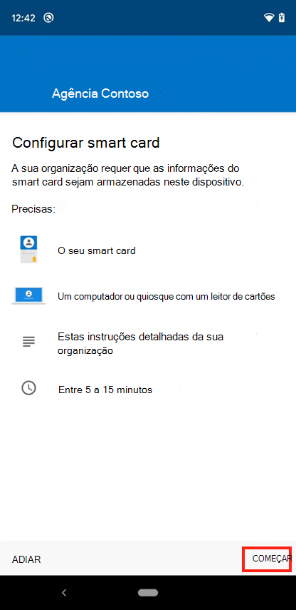 Captura de ecrã de exemplo do ecrã Configurar o acesso a smart card móvel no Portal da Empresa.