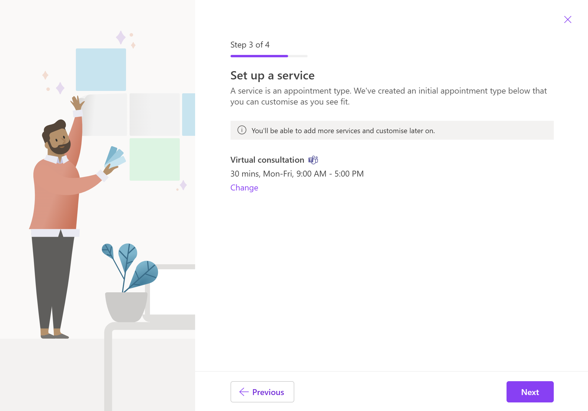 Captura de ecrã a mostrar o passo três de quatro para criar uma página de reservas partilhada no Microsoft Bookings