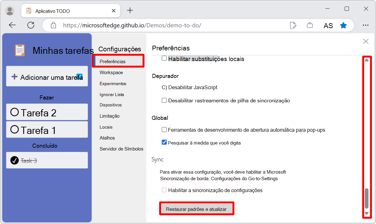 Restaurando configurações padrão