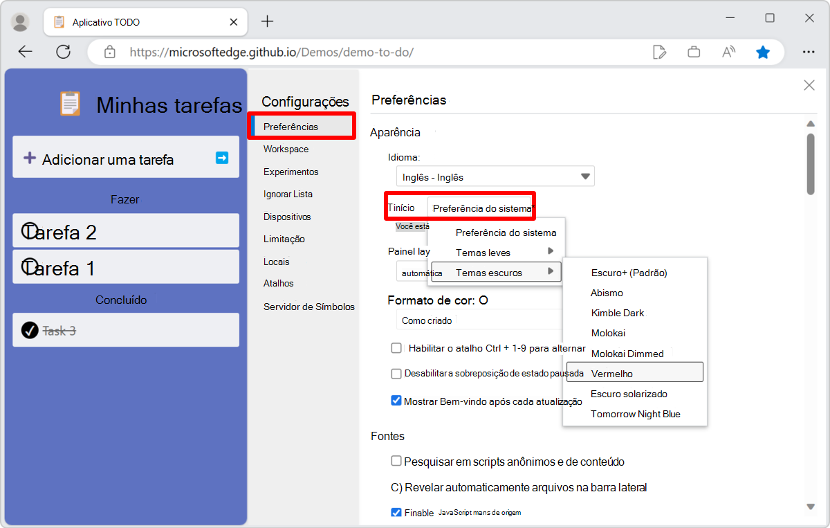 Selecionando um tema em Preferências