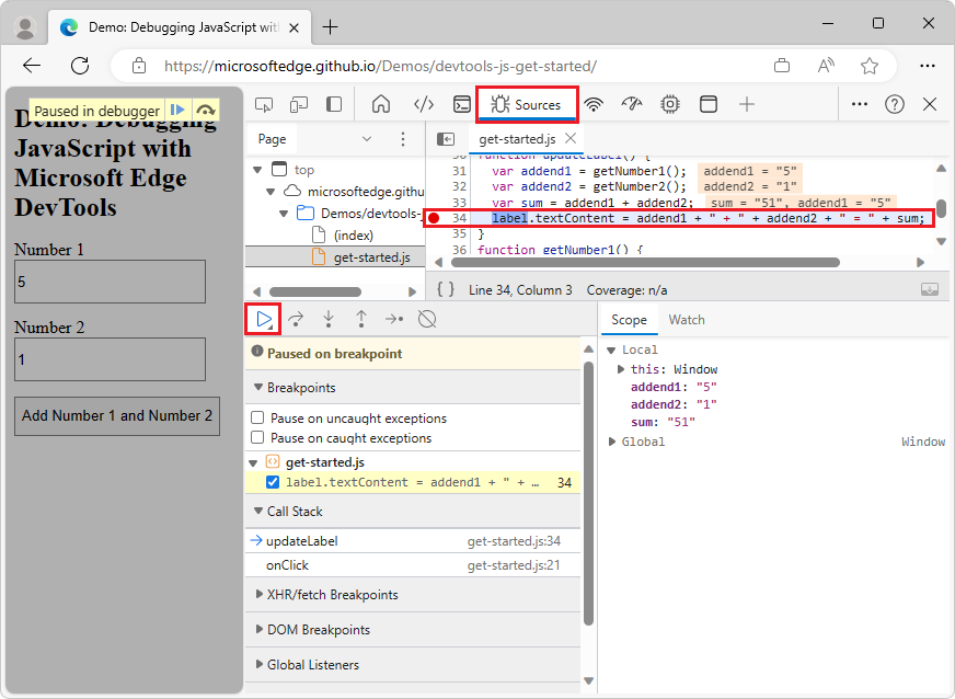 DevTools pausa no ponto de interrupção de linha de código na linha 34