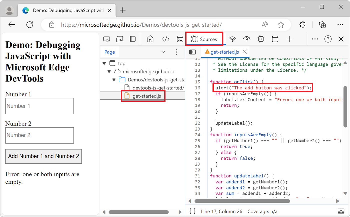 A ferramenta Fontes, mostrando a alteração de código no arquivo get-started.js