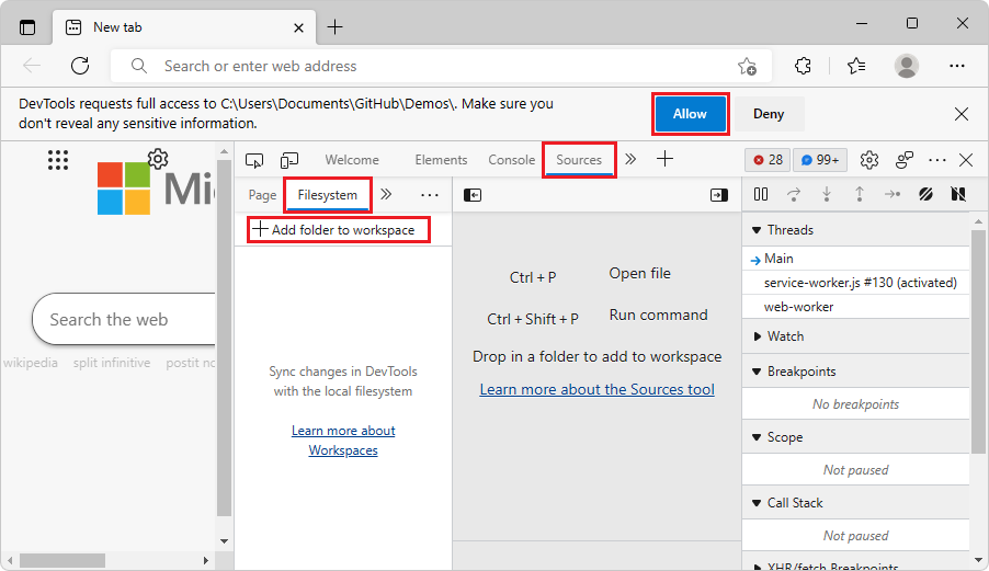 O DevTools pede acesso para adicionar uma pasta a uma área de trabalho no separador Sistema de Ficheiros