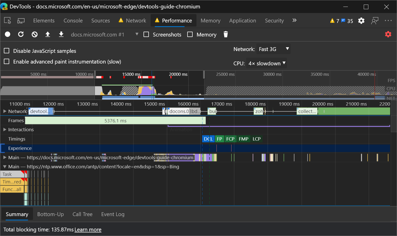 Total blocking time information in the footer of a Performance panel recording