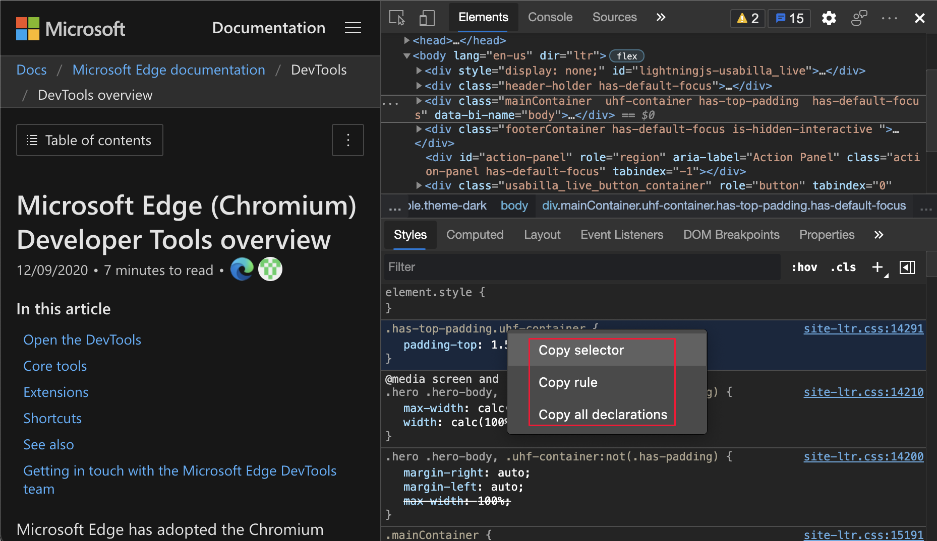 Opções de cópia para uma classe CSS no menu de contexto