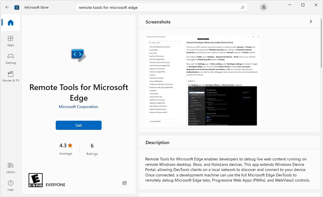 A aplicação Ferramentas Remotas para Microsoft Edge na Microsoft Store