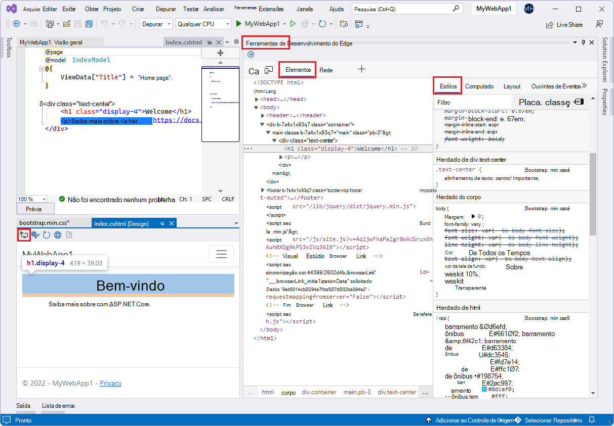 Ferramentas de Desenvolvedor do Microsoft Edge para Visual Studio: Ferramenta de elementos do DevTools