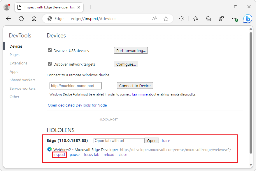 Conectar-se ao WebView2 no HoloLens 2