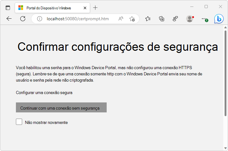 A página 'Confirmar configurações de segurança' na guia 'Portal do Dispositivo windows'