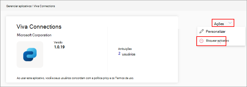 Captura de tela mostrando como bloquear o acesso a um aplicativo no menu Ações ao usar o recurso Gerenciar acesso por aplicativo.