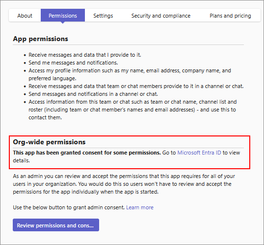 Captura de tela mostrando o link para Microsoft Entra centro de administração depois de conceder consentimento às permissões do Graph.