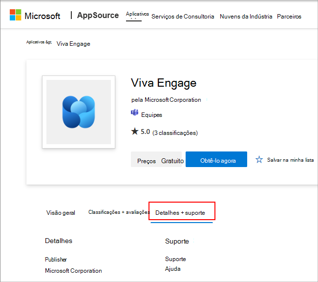 Captura de tela que mostra o link de ajuda e suporte para um aplicativo do Teams no AppSource.