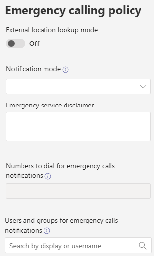 Captura de ecrã a mostrar as políticas de chamadas de emergência do Teams.