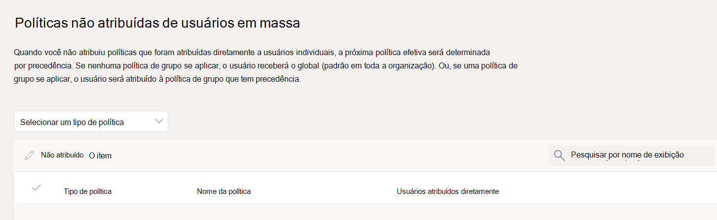 Não atribua políticas na página em massa no centro de administração do Teams.