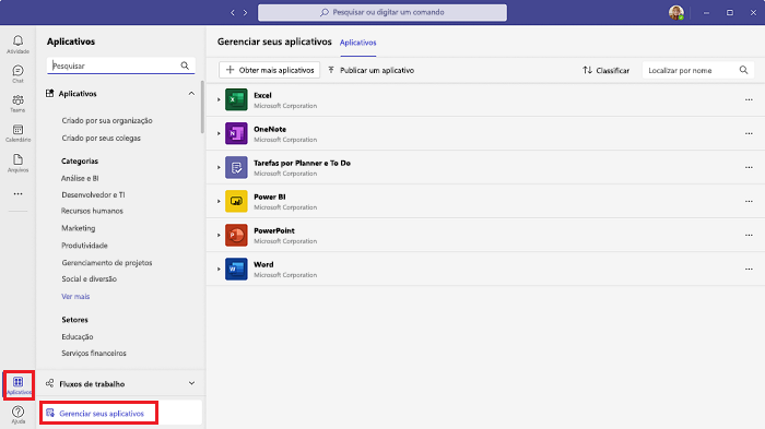 Captura de ecrã a mostrar a lista de aplicações instaladas que é apresentada quando seleciona gerir as suas aplicações.