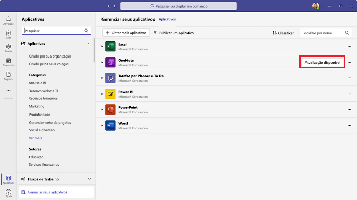 Captura de ecrã a mostrar a opção para selecionar a atualização para a aplicação Teams.